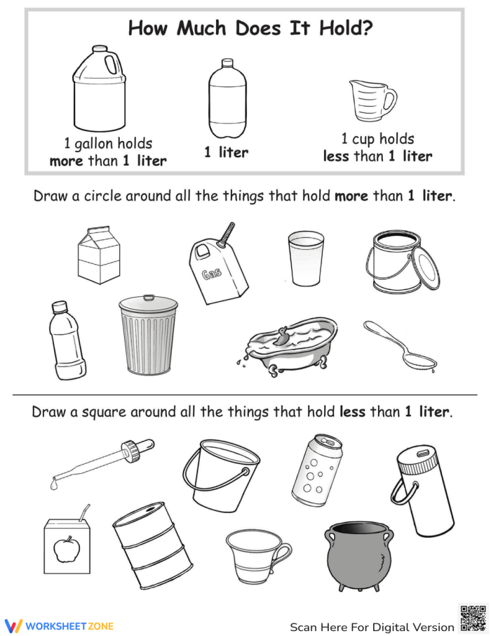 How Much is One Liter Practice Exercise Eight Third grade students comparing liter measurements and volumes in a fun measuring worksheet activity