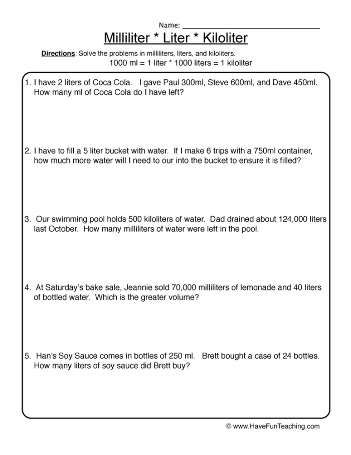How Much is One Liter Measurement Worksheet for Elementary Students Third grade students comparing and measuring volumes in liters with visual examples and practice problems