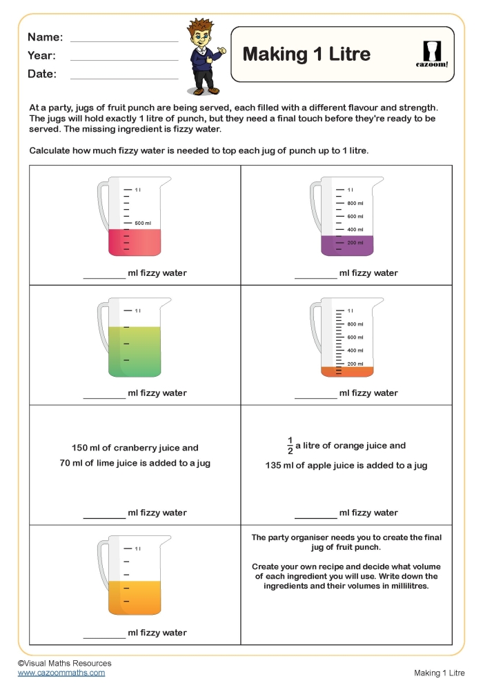 How Much is One Liter Measurement Worksheet for Elementary Students Third grade students comparing and measuring liquid volumes in liters on a practice worksheet