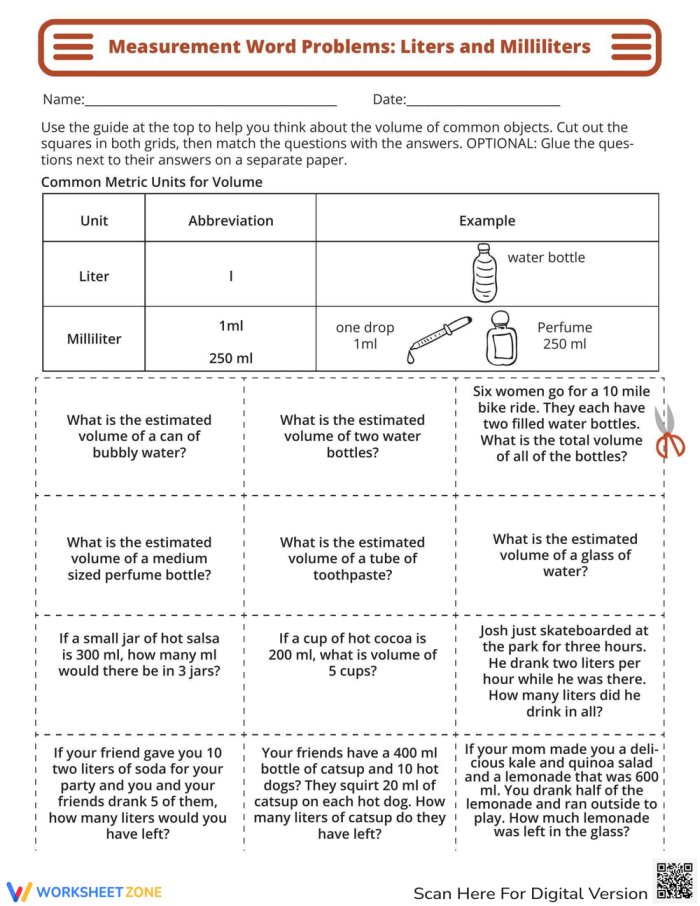 Third Grade Physical Science: Measurement Worksheet for Liters and Milliliters Kids engaging with a worksheet on matching objects to liters and milliliters