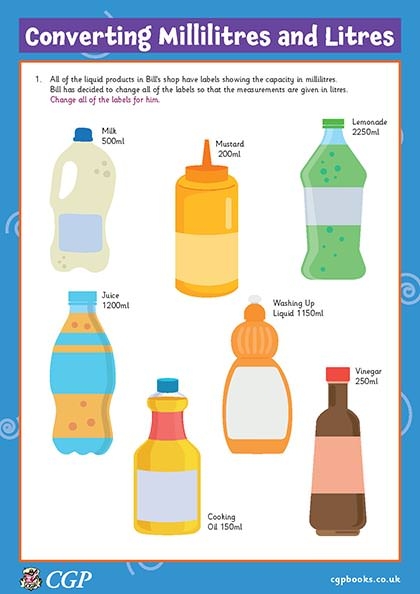 Volume measurement activity for third graders focusing on liters and milliliters Kids matching various objects with liters and milliliters in a fun worksheet