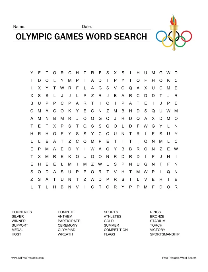 Olympic-themed word search worksheet for third graders to enhance logic skills
