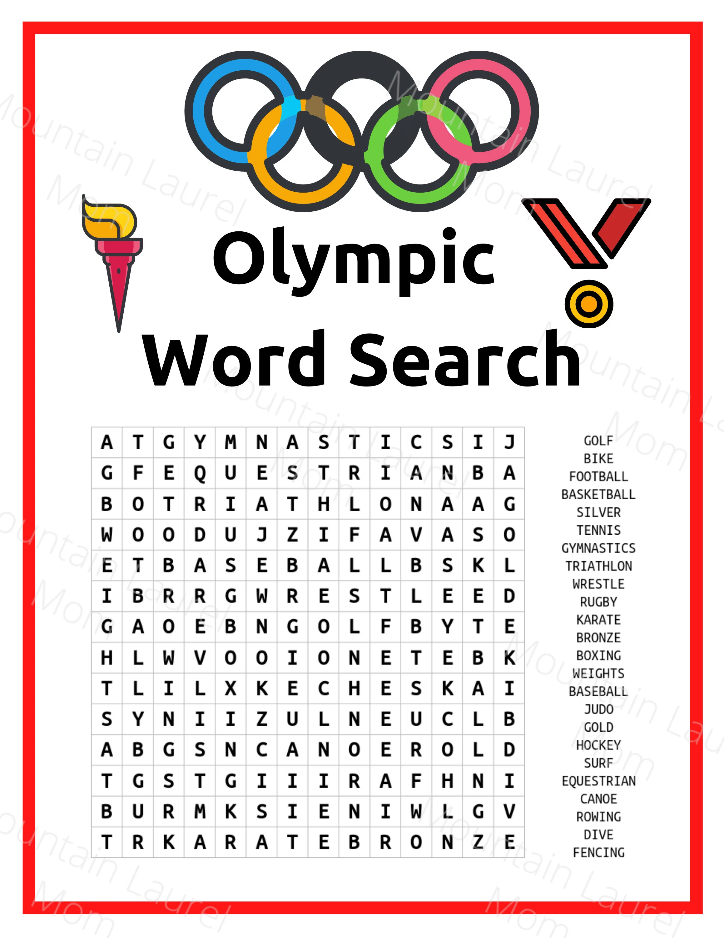 Olympic-themed word search worksheet for third graders to enhance logic skills