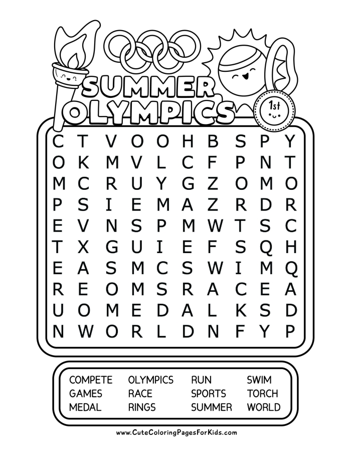 Olympic-themed word search worksheet designed for third graders to enhance their logic skills