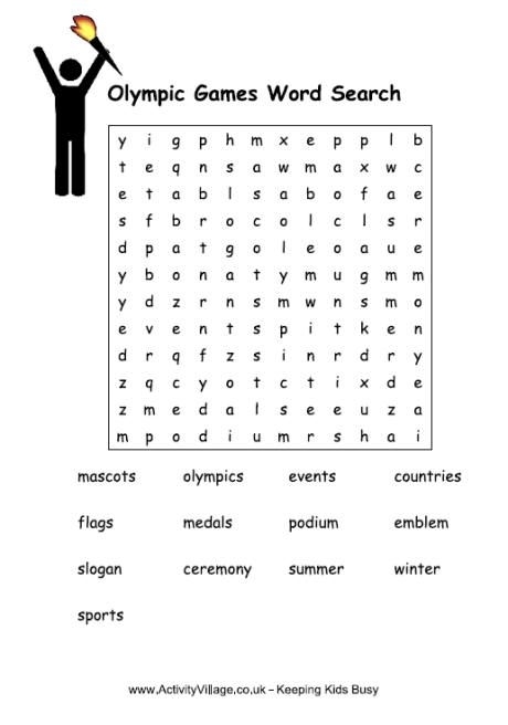 Olympic-themed word search worksheet designed for third graders to enhance logic skills