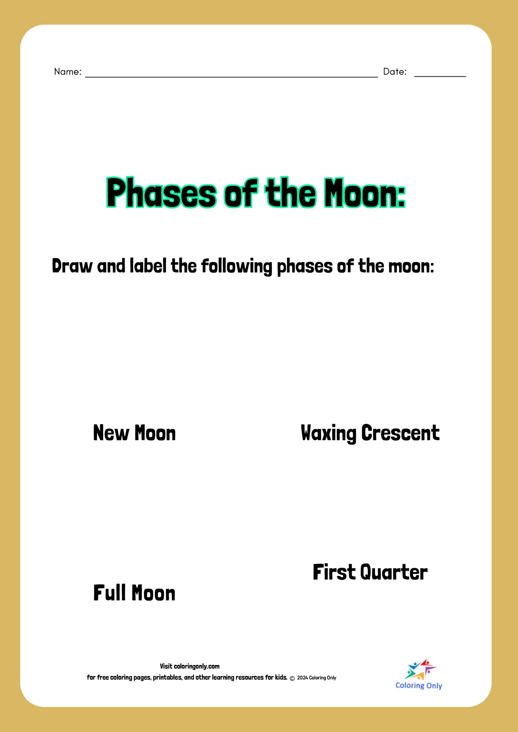 Moon phases worksheet for third-grade students illustrating the lunar cycle
