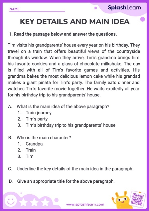 Third grade reading worksheet showing main idea and supporting details exercise with text passages for comprehension practice