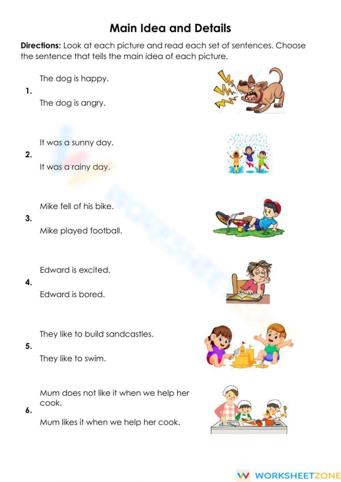 Third grade reading comprehension worksheet showing practice exercises for identifying main ideas and supporting details in text passages