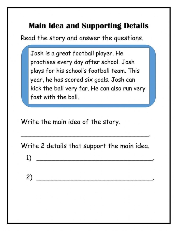 Third grade reading worksheet for identifying main ideas and supporting details in text