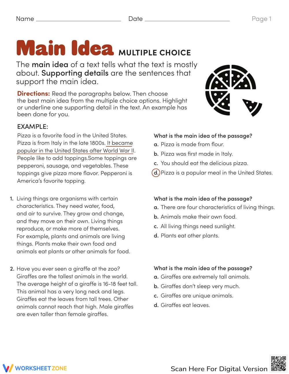 Main Idea Multiple Choice Worksheets for 3rd Grade
