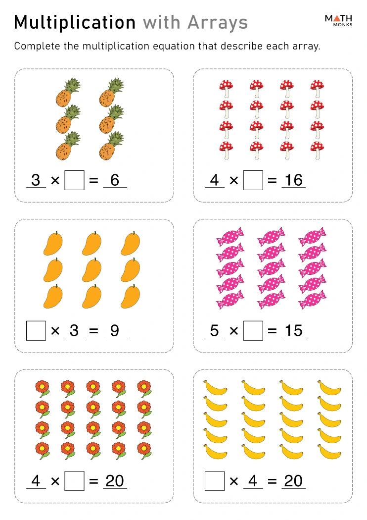 Matching Arrays to Equations practice worksheet for 3rd grade Algebra Worksheet featuring arrays and equations for third graders to match