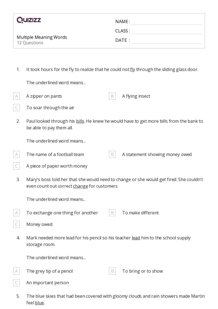 Educational resource on multiple meaning words: matching worksheet for reading skills Worksheet featuring multiple meaning words for matching activities aimed at third graders