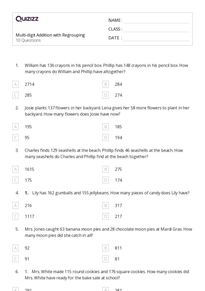 Engaging addition practice sheet for third graders to enhance their skills Third grade addition worksheet featuring multiple choice math problems for practice