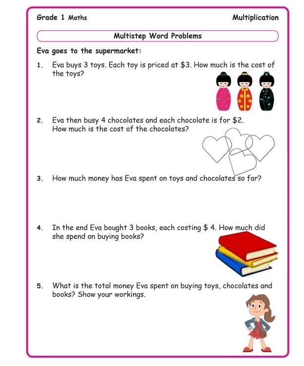 Third grade student completing a Multiplication Word Problems Check-In worksheet on math reasoning