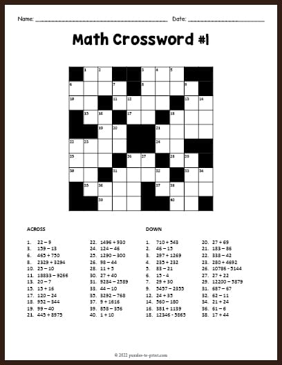 Third grade math crossword worksheet featuring mixed operations practice problems