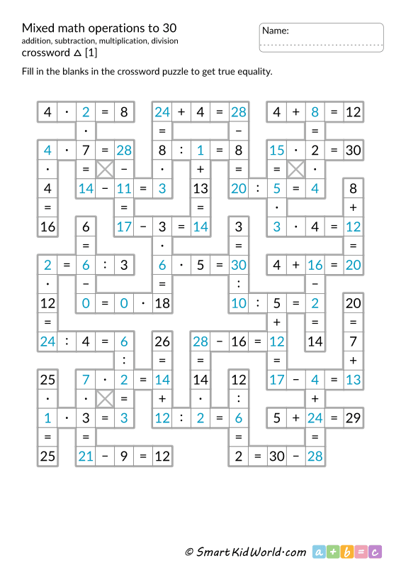 Third grade student solving a mixed operations math crossword puzzle worksheet