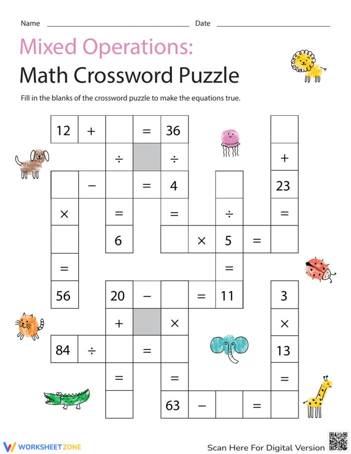 Third grade math worksheet featuring a mixed operations crossword puzzle challenge