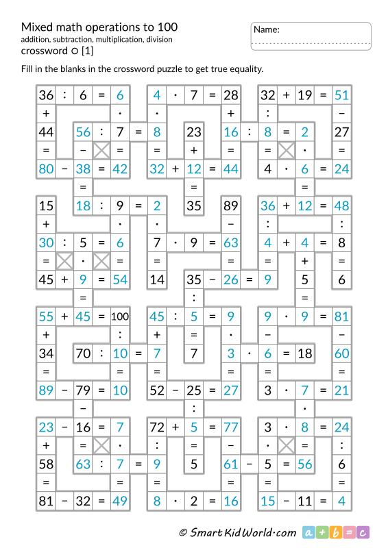Mixed Operations math crossword puzzle worksheet for third graders