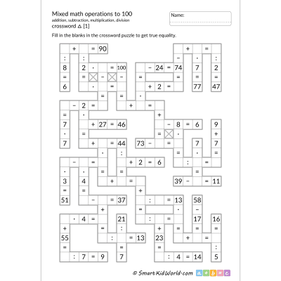 Third grade mixed operations math crossword puzzle worksheet number 25