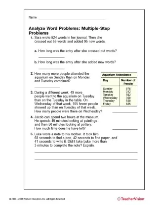 Third grade math worksheet featuring multi-step addition and subtraction word problems using chart data