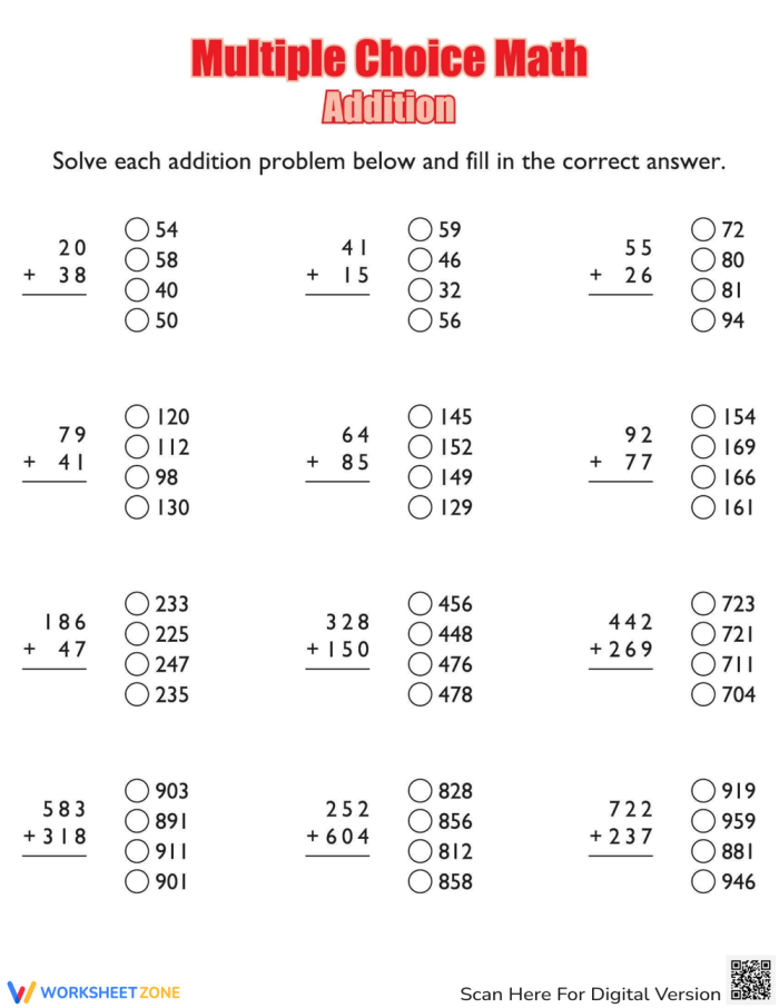 Multiple Choice Math: Addition worksheet for third graders to enhance their skills Third grade addition worksheet featuring multiple choice questions for math practice
