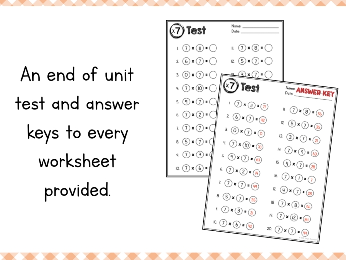 Third grade student working on a multiplying by seven math worksheet