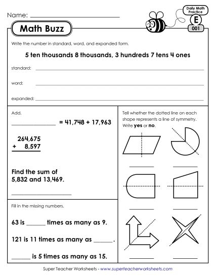 Math Review Worksheet Sixteen for Third Grade Students Third grade math review worksheet with various calculation problems