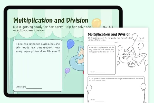 Third grade student worksheet featuring various multiplication and division word problems for math practice