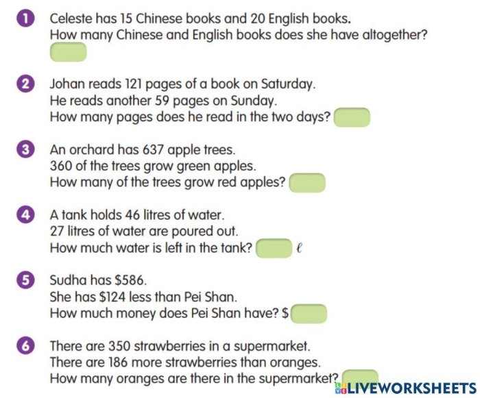 Third grade students solving word problems with numbers and mathematical operations on a worksheet assessment