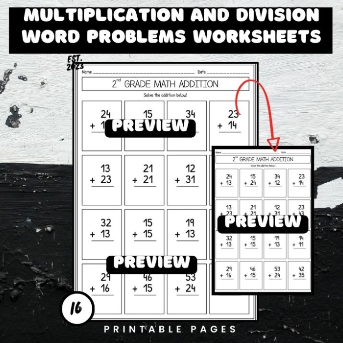 Third grade students solving multiplication and division math word problems on a printable practice worksheet
