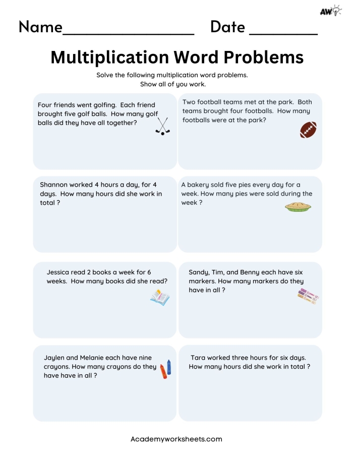 Third grade multiplication and division word problems practice worksheet for students