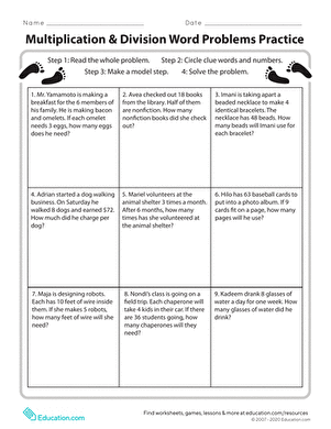 Third grade multiplication and division word problems practice worksheet for students