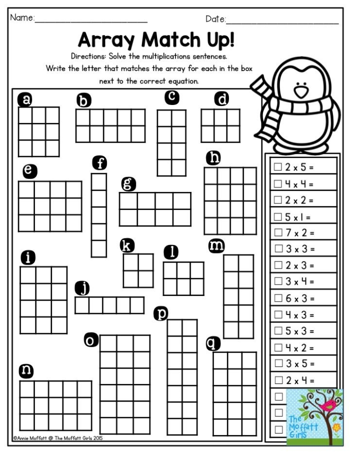 Matching Arrays to Equations Worksheet for Algebra Learning Visual representation of arrays and equations for 3rd-grade math practice