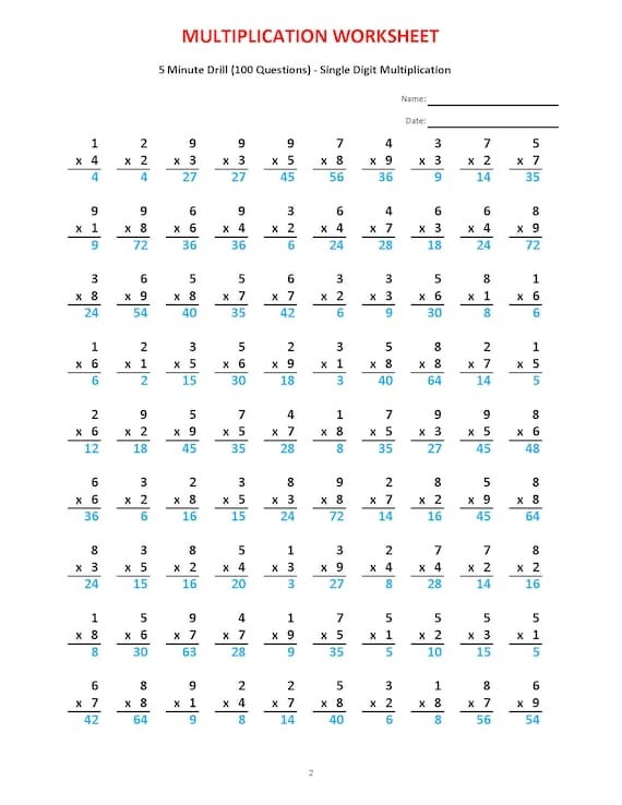 Worksheet for practicing multiplication and division for third graders