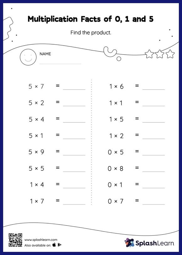 Third grade student practicing math skills with a worksheet on multiplying by five and a number chart
