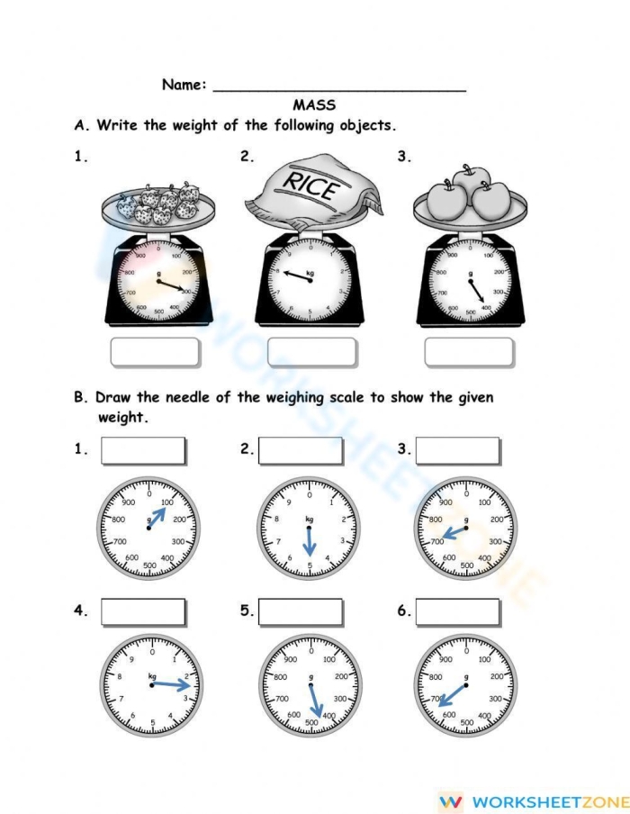 Interactive worksheet for learning about mass in metric units for third graders Third grade students engaging with a measurement worksheet focused on grams and kilograms