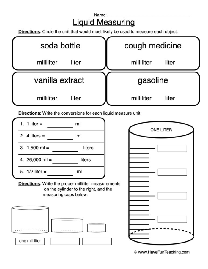 Measurement: Liters and Milliliters activity for physical science students Worksheet focusing on matching objects to liters and milliliters for third graders