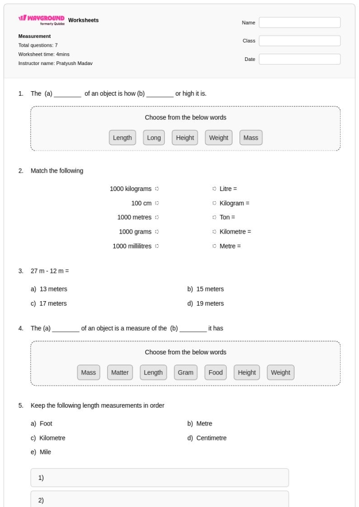 Measurement Review Worksheet for Third Grade Science and Engineering Third grade student filling out a measurement review worksheet featuring rulers and volume containers