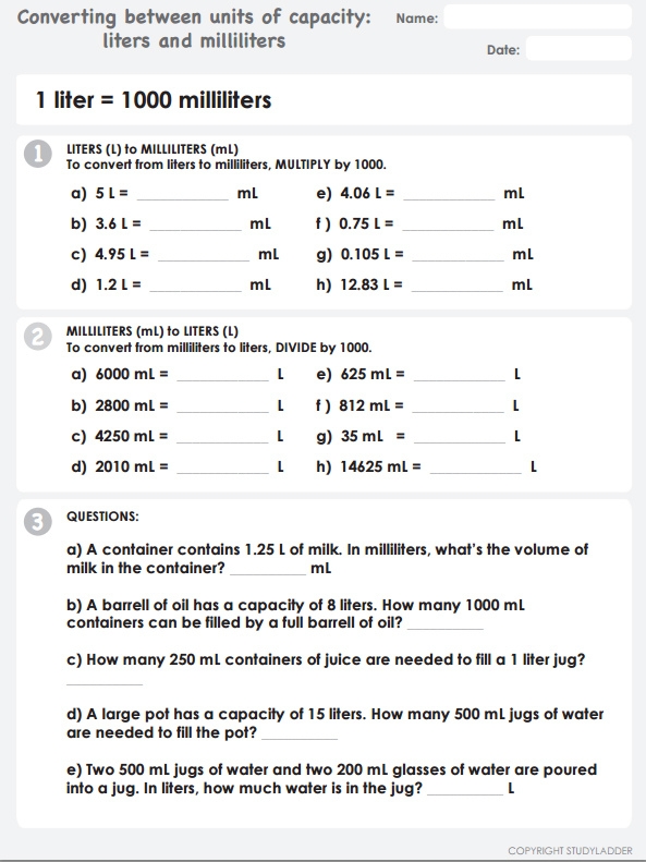 Measurement: Liters and Milliliters activity for Physical Science students Worksheet for matching objects with liters and milliliters for third graders