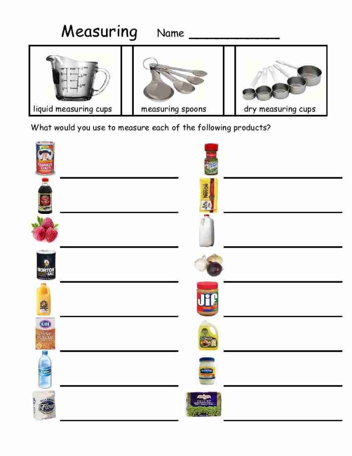 Worksheet featuring measuring cups and fractions for third graders