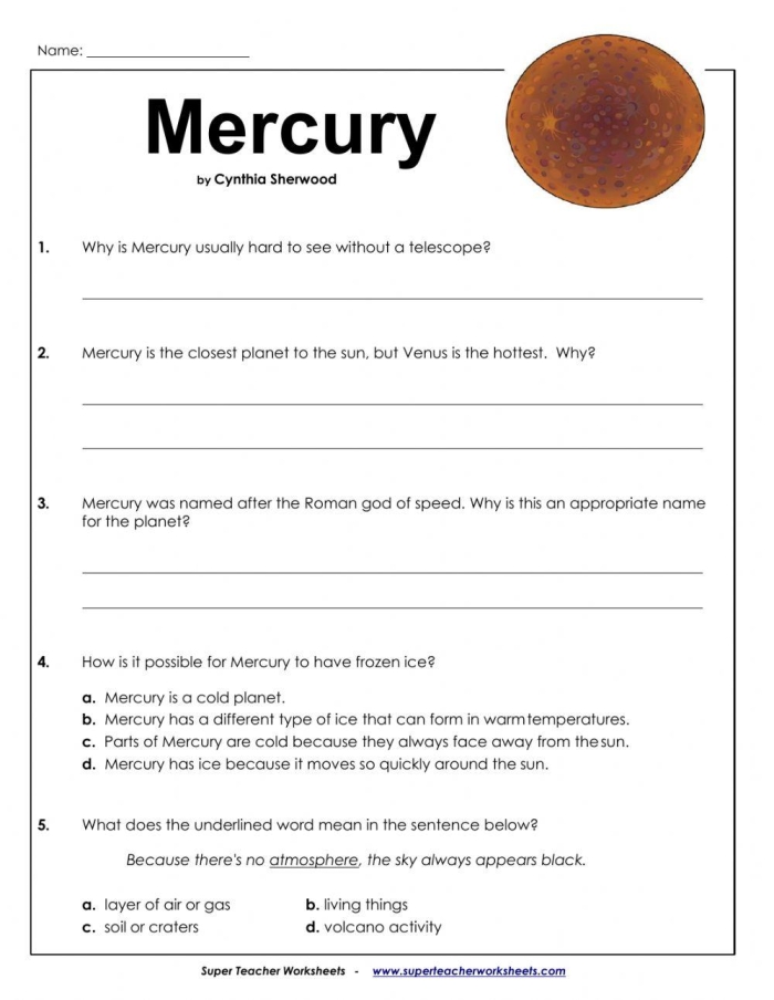 Phonics worksheet for Third Grade Worksheet for third graders about the planet Mercury, emphasizing its characteristics. Engaging Know Your Planets: Mercury worksheet for phonics learning.