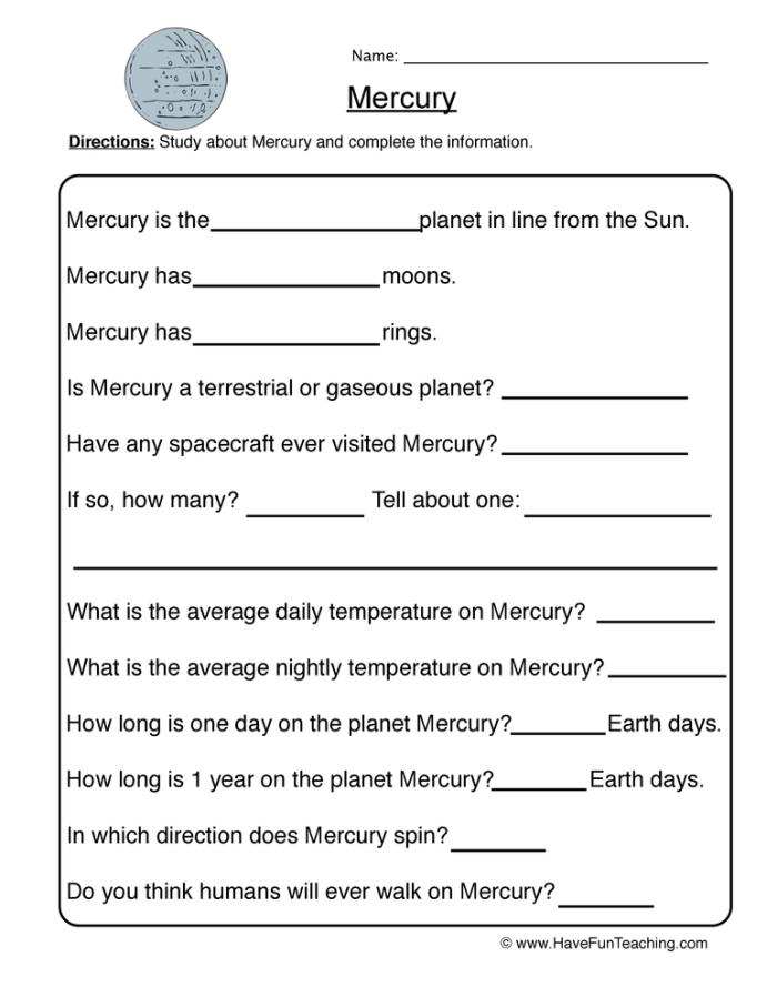 Phonics worksheet for Third Grade Detailed worksheet focused on teaching third graders about the planet Mercury. Engaging resource for learning fun facts about the smallest planet in our solar system.