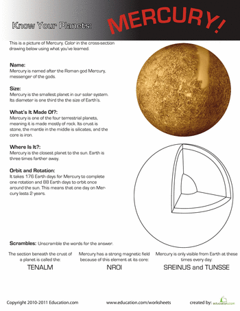 Phonics worksheet for Third Grade Worksheet for third graders focused on learning about Mercury, the smallest planet in the solar system. Engaging "Know Your Planets: Mercury" worksheet for phonics education.