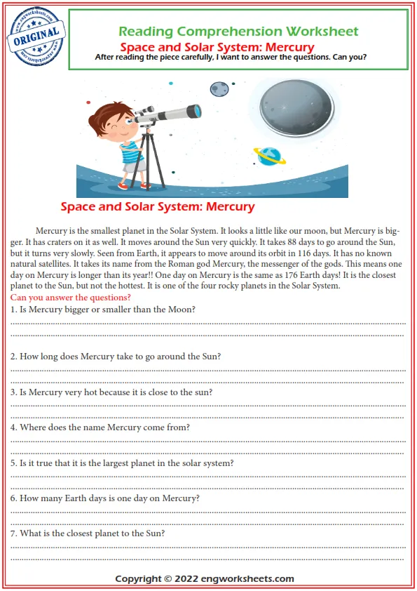 Phonics worksheet for Third Grade Worksheet for third graders focused on learning about Mercury, the smallest planet. Know Your Planets: Mercury worksheet for phonics education.