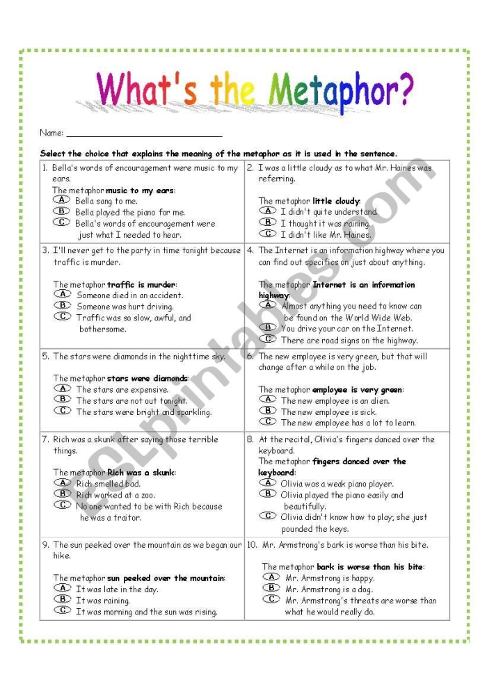 Reading worksheet for Third Grade Worksheet for third graders focusing on identifying metaphors while coloring logs. Engaging activity on metaphors for reading comprehension.