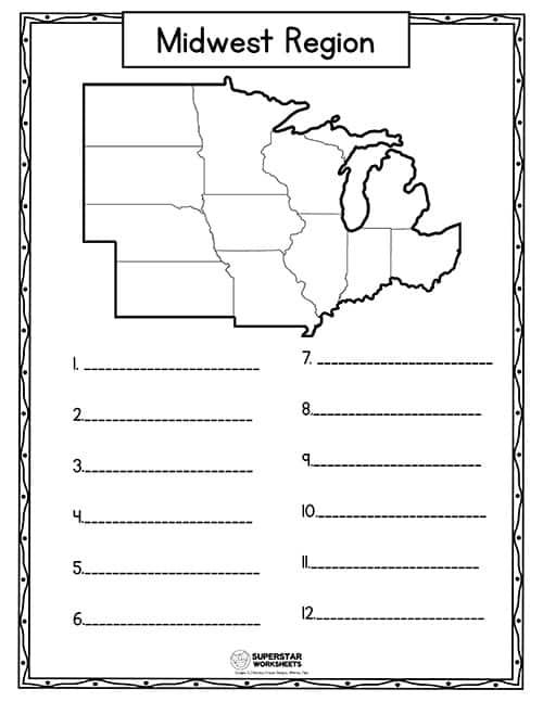 Midwestern States Region Worksheet for Third Grade Geography 3 Third grade students labeling the Midwestern states on a geography worksheet