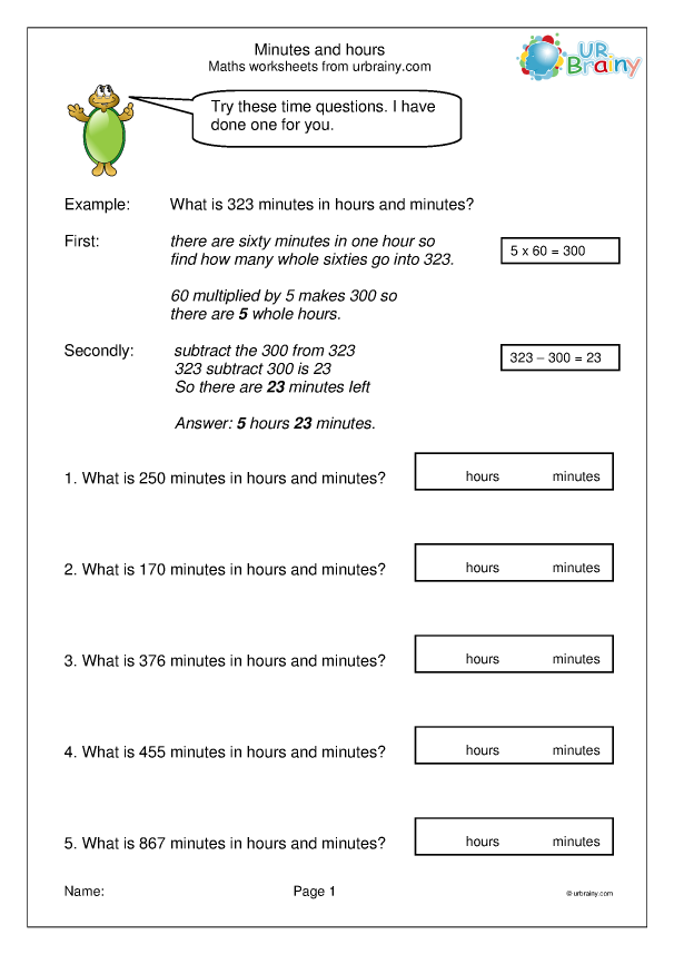 Third grade student completing a worksheet on calculating minutes in an hour for lesson eight