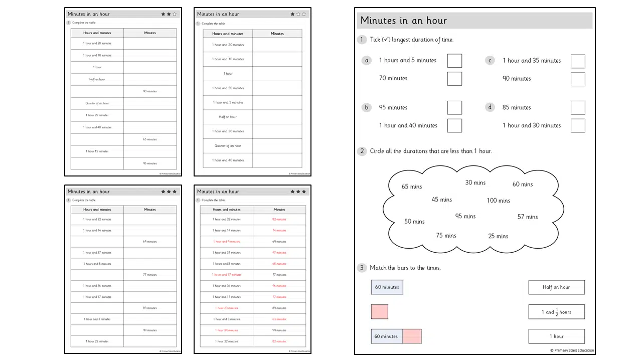 Third grade student completing an intro-to-elapsed-time worksheet about counting minutes in an hour