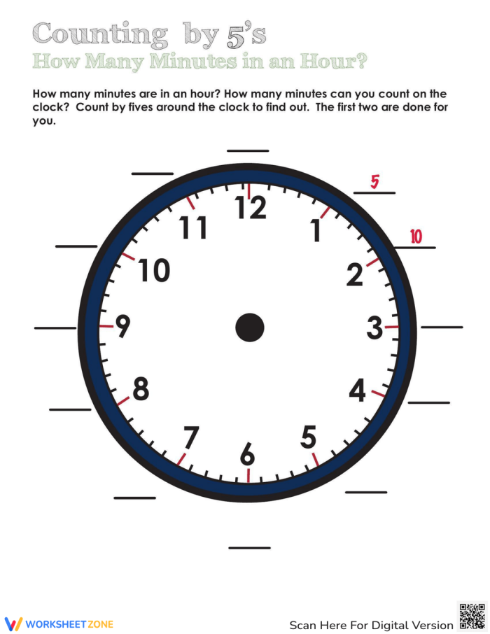 Third grade math worksheet for counting minutes in an hour five