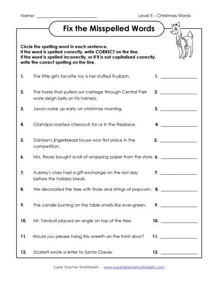 Worksheet featuring a spelling quiz for third graders focused on identifying misspelled words